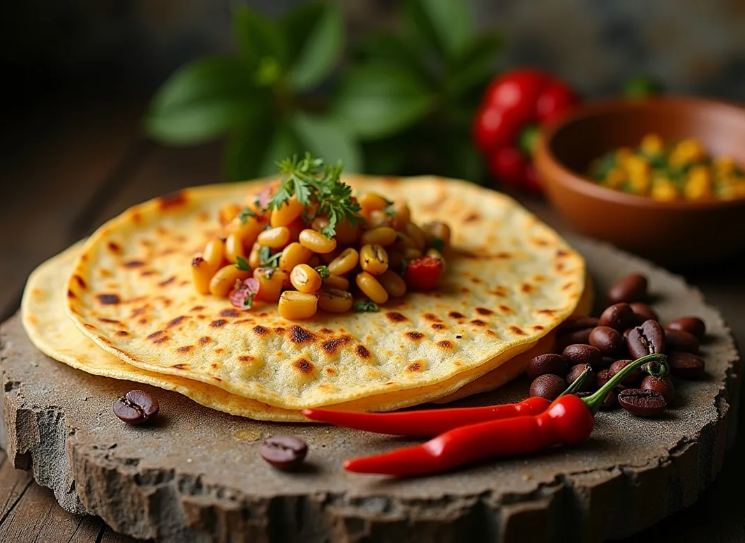 Aztec warrior meal: corn tortillas, cacao beans and chili peppers on a stone slab