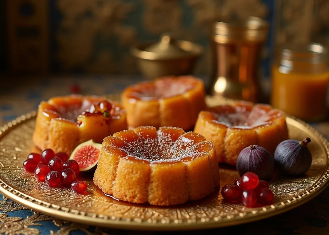 Egyptian pharaoh banquet with honey cakes, figs and pomegranates on golden plates