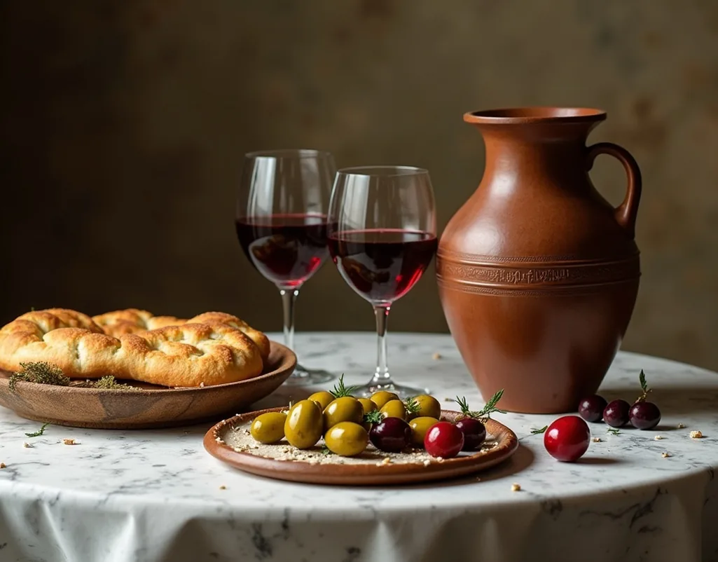 Greek symposium scene with wine amphora, olives and flatbread on a marble table