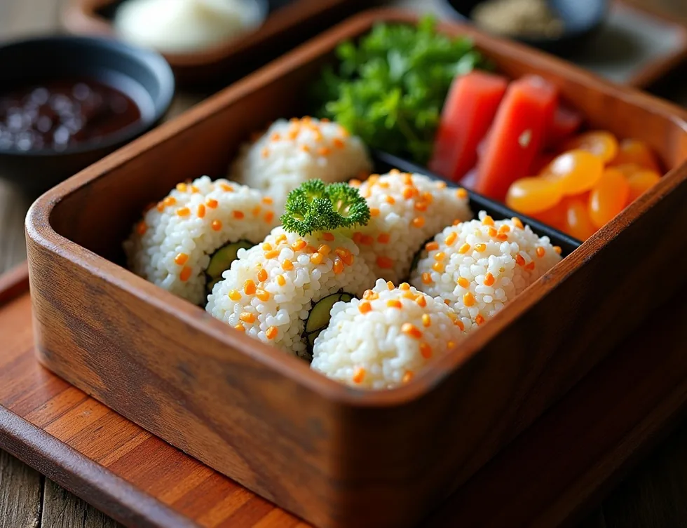 Japanese samurai bento box with rice balls and pickled vegetables on a wooden tray