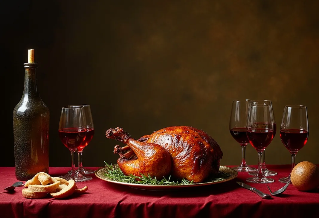 Renaissance feast with roasted pheasant and goblets of wine, oil painting style lighting