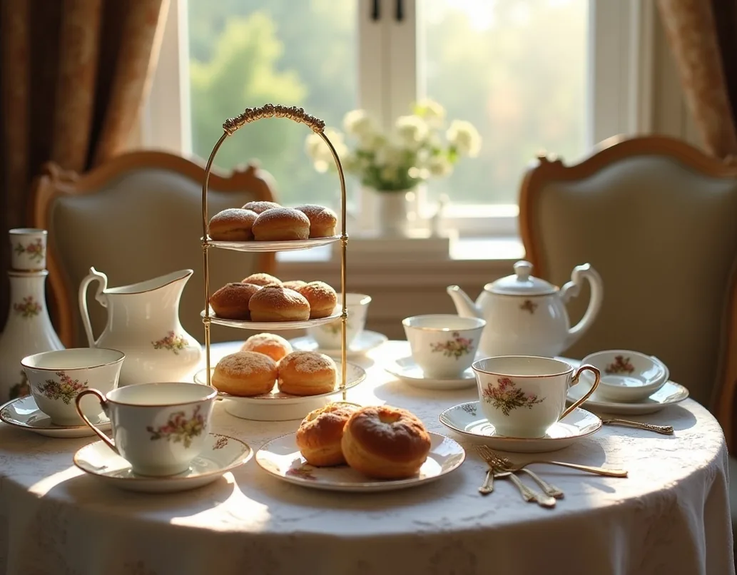 Victorian era afternoon tea with historical pastries on fine china in soft window light