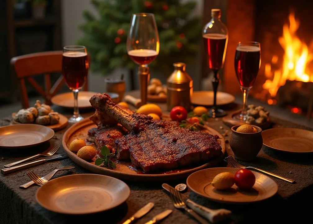 Viking feast table with roasted meat, mead drinking horns and wooden plates