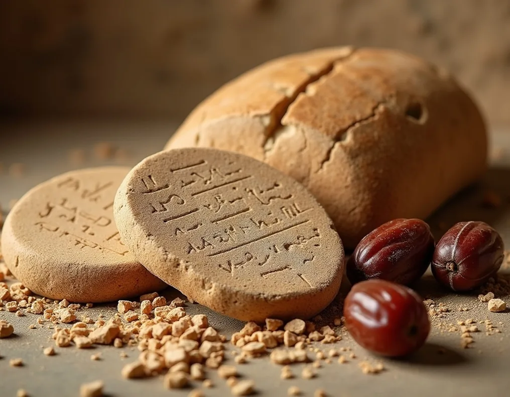 Ancient Mesopotamian clay tablets next to barley bread and dates