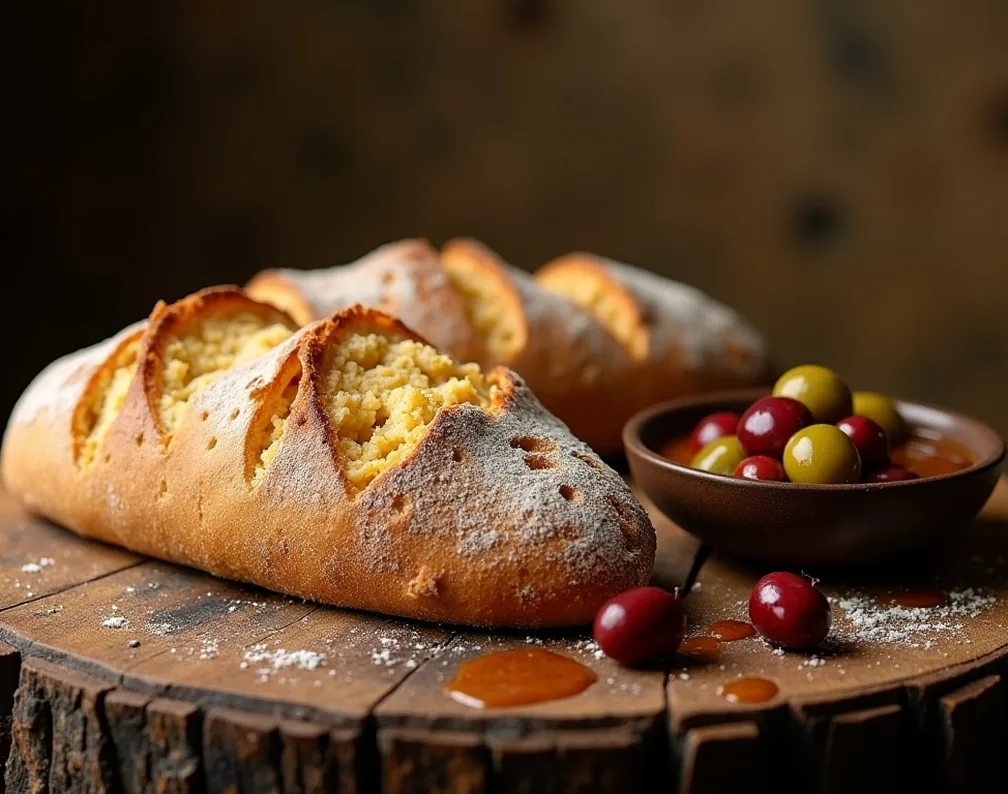Roman legionary bread, olives and garum sauce on a rough wooden plank