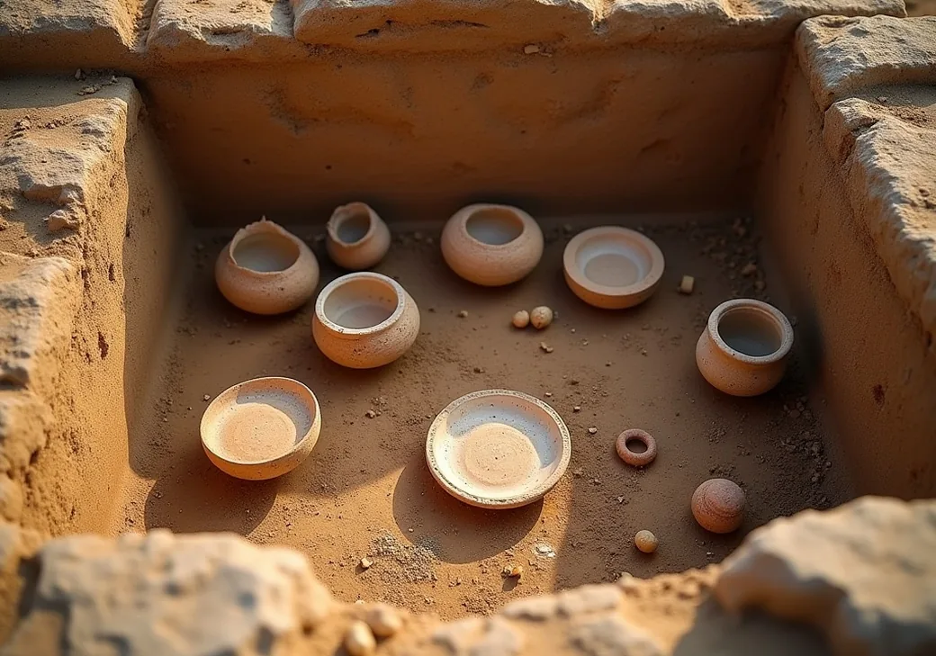 Archaeological excavation of an ancient kitchen revealing pottery and charred food remains