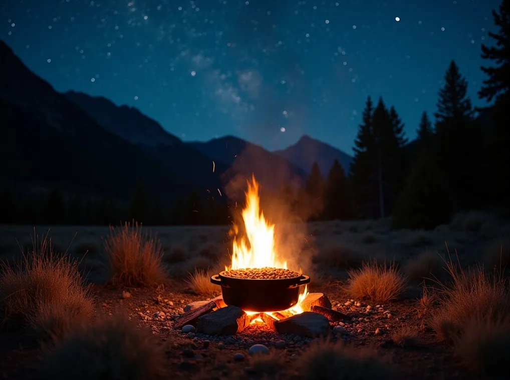 Cowboy campfire cooking beans in a cast iron pot under a starry sky