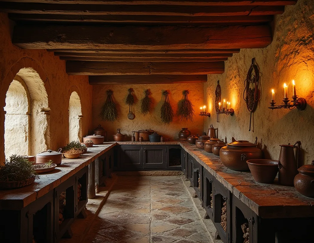 Medieval monastery kitchen with copper pots and bunches of dried herbs