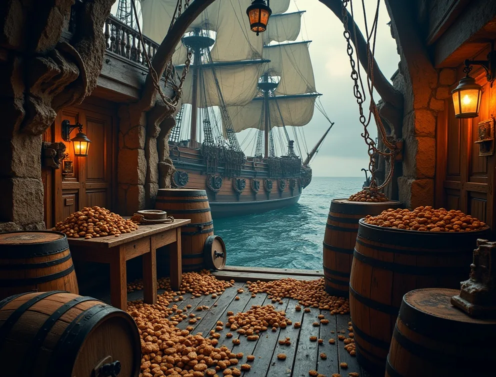Pirate ship galley with hardtack biscuits and rum barrels in dramatic light